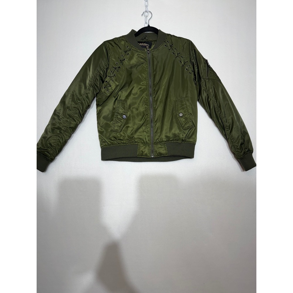 Madden NYC Womens Olive Green Lace Up Bomber Jacket Size Medium Full Zip Utility